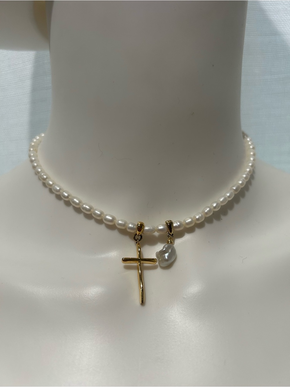 YorzAhar Pearl Choker with Gold Cross and Pearl Charm